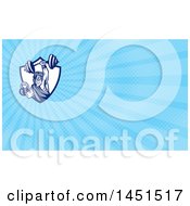 Clipart Of A Retro Male Champion Norse Warrior Berserker Wearing A Pelt Of Bear Skin Lifting A Barbell And Kettlebell And Blue Rays Background Or Business Card Design Royalty Free Illustration