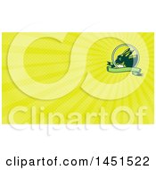 Poster, Art Print Of Retro Woodcut Rabbit In A Sunrise Circle With A Green Banner And Yellow Rays Background Or Business Card Design