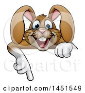 Poster, Art Print Of Cartoon Happy Brown Easter Bunny Rabbit Pointing Down Over A Sign