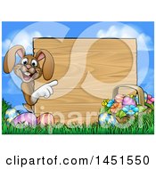 Clipart Graphic Of A Cartoon Happy Brown Easter Bunny Rabbit Pointing Around A Wood Sign Against Sky Royalty Free Vector Illustration