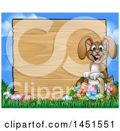 Poster, Art Print Of Cartoon Happy Brown Easter Bunny Rabbit Holding A Basket In Front A Wood Sign Against Sky