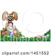 Poster, Art Print Of Cartoon Happy Brown Easter Bunny Rabbit With A Basket And Eggs In Grass