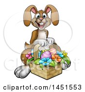 Clipart Graphic Of A Cartoon Happy Brown Easter Bunny Rabbit With A Basket And Eggs Royalty Free Vector Illustration