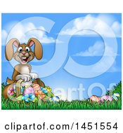 Poster, Art Print Of Cartoon Happy Brown Easter Bunny Rabbit With A Basket And Eggs In Grass Against Sky