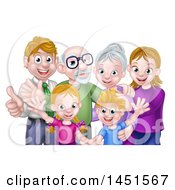 Poster, Art Print Of Happy Caucasian Family With Children Parents And Grandparents Waving And Giving Thumbs Up