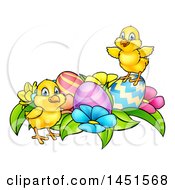 Cartoon Cute Yellow Chicks With Easter Eggs And Flowers