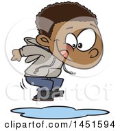 Clipart Graphic Of A Cartoon Black Boy Jumping In Puddles Royalty Free Vector Illustration