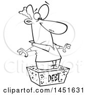 Clipart Graphic Of A Cartoon Black And White Lineart Man Debtor Stuck In A Cement Block Royalty Free Vector Illustration