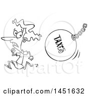 Clipart Graphic Of A Cartoon Black And White Lineart Woman Running From A Taxes Wrecking Ball Royalty Free Vector Illustration