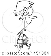 Clipart Graphic Of A Cartoon Black And White Lineart Happy Woman Taking A Lunch Stroll Royalty Free Vector Illustration
