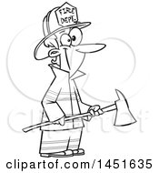 Clipart Graphic Of A Cartoon Black And White Lineart Woman Firefighter Holding An Axe Royalty Free Vector Illustration