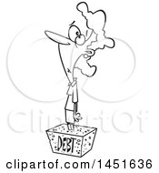 Clipart Graphic Of A Cartoon Black And White Lineart Woman Debtor Stuck In A Cement Block Royalty Free Vector Illustration by toonaday