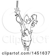 Clipart Graphic Of A Cartoon Black And White Lineart Man Hanging From A Rope End Royalty Free Vector Illustration by toonaday