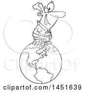 Clipart Graphic Of A Cartoon Black And White Lineart Happy Man Sitting On Top Of The World Royalty Free Vector Illustration