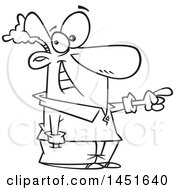 Clipart Graphic Of A Cartoon Black And White Lineart Happy Man Pointing Royalty Free Vector Illustration