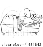 Poster, Art Print Of Cartoon Black And White Lineart Insomniac Man Laying In Bed