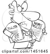 Poster, Art Print Of Cartoon Black And White Lineart Business Man Carrying More Rules Tablets