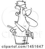 Clipart Graphic Of A Cartoon Black And White Lineart Man With A Golf Club Through His Torso Royalty Free Vector Illustration