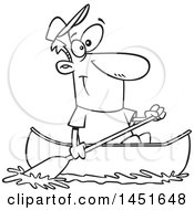 Clipart Graphic Of A Cartoon Black And White Lineart Happy Man Canoeing Royalty Free Vector Illustration by toonaday