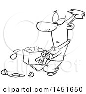 Clipart Graphic Of A Cartoon Black And White Lineart Man Dropping Eggs From A Basket Royalty Free Vector Illustration