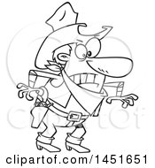 Clipart Graphic Of A Cartoon Black And White Lineart Angry Cowboy Man Ready To Draw His Guns Royalty Free Vector Illustration