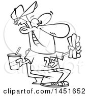 Clipart Graphic Of A Cartoon Black And White Lineart Male Sports Fan With A Soda And Hot Dog At A Ball Game Royalty Free Vector Illustration