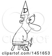 Poster, Art Print Of Cartoon Black And White Lineart Bad Male Cartoonist Holding A Pencil Sitting On A Stool And Wearing A Dunce Cap