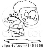 Clipart Graphic Of A Cartoon Black And White Lineart Boy Jumping In Puddles Royalty Free Vector Illustration