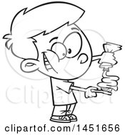 Clipart Graphic Of A Cartoon Black And White Lineart Boy Squirting Paste On His Toothbrush Royalty Free Vector Illustration