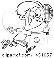 Poster, Art Print Of Cartoon Black And White Lineart Boy Playing Tennis