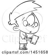 Poster, Art Print Of Cartoon Black And White Lineart Boy Warily Tapping A Tablet Computer
