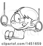 Clipart Graphic Of A Cartoon Black And White Lineart Boy Gynmast Using The Rings Royalty Free Vector Illustration by toonaday