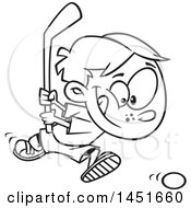 Clipart Graphic Of A Cartoon Black And White Lineart Boy Playing Floor Hockey Royalty Free Vector Illustration