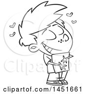 Clipart Graphic Of A Cartoon Black And White Lineart Boy Hugging A Class Hand Out Royalty Free Vector Illustration