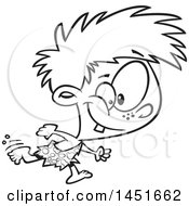 Clipart Graphic Of A Cartoon Black And White Lineart Happy Caveman Boy Running Royalty Free Vector Illustration
