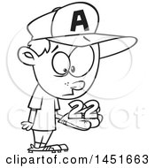Clipart Graphic Of A Cartoon Black And White Lineart Boy Baseball Player Holding A Catch 22 Royalty Free Vector Illustration by toonaday