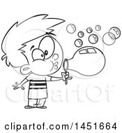 Clipart Graphic Of A Cartoon Black And White Lineart Boy Blowing Bubbles Royalty Free Vector Illustration