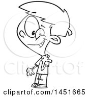 Clipart Graphic Of A Cartoon Black And White Lineart Boy Pointing Back Over His Shoulder Royalty Free Vector Illustration