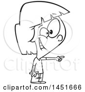 Clipart Graphic Of A Cartoon Black And White Lineart Happy Girl Pointing Royalty Free Vector Illustration