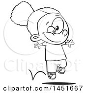 Poster, Art Print Of Cartoon Black And White Lineart Happy Girl Hopping