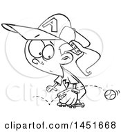 Clipart Graphic Of A Cartoon Black And White Lineart Girl Baseball Player Trying To Stop A Grounder Ball Royalty Free Vector Illustration