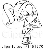 Clipart Graphic Of A Cartoon Black And White Lineart Girl Flexing Her Biceps Royalty Free Vector Illustration