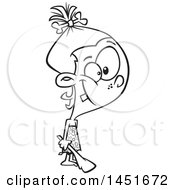 Clipart Graphic Of A Cartoon Black And White Lineart Happy Caveman Girl Holding A Club Royalty Free Vector Illustration by toonaday