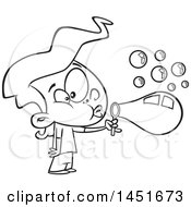 Cartoon Black And White Lineart Girl Blowing Bubbles