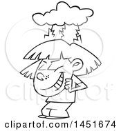 Clipart Graphic Of A Cartoon Black And White Lineart Girl Brainstorming And Grinning Royalty Free Vector Illustration