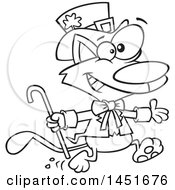 Clipart Graphic Of A Cartoon Black And White Lineart Running St Patricks Day Leprechaun Cat Royalty Free Vector Illustration