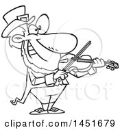 Clipart Graphic Of A Cartoon Black And White Lineart Leprechaun Playing A Violin Royalty Free Vector Illustration
