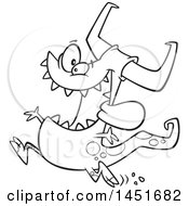 Clipart Graphic Of A Cartoon Black And White Lineart Happy Care Free Monster Running Royalty Free Vector Illustration