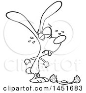 Cartoon Black And White Lineart Easter Bunny Crying Over A Broken Egg