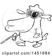 Cartoon Black And White Lineart Blind Sheep Walking With A Cane